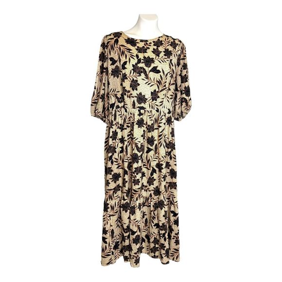 ELOQUII Floral Puff Sleeve‎ Tiered Cotton Midi Dress Cream Navy Blue Women's 16 - Picture 2 of 11